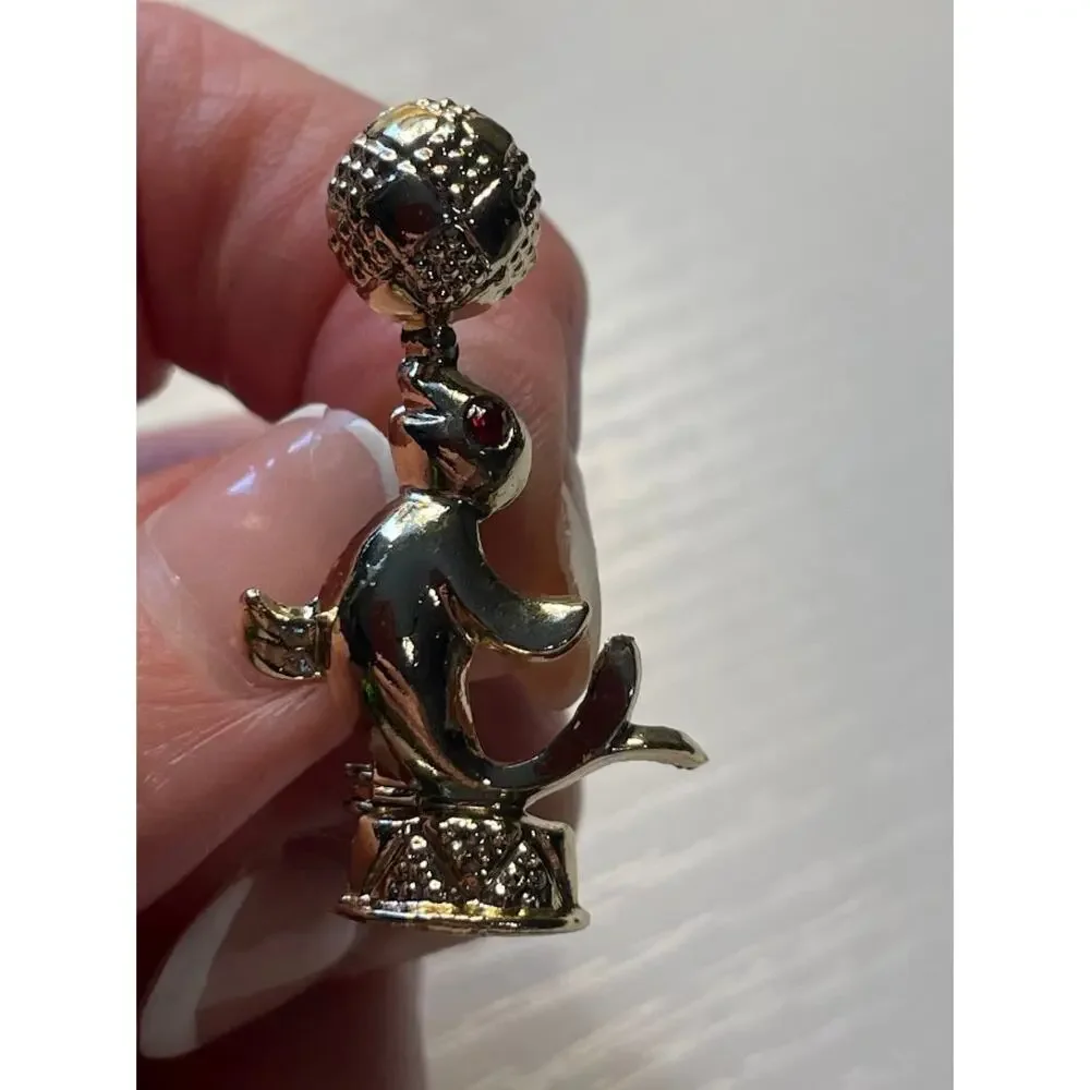 Vintage Circus Seal Brooch Red Rhinestone Eye 1960s Gold Tone Playful Animal Pin